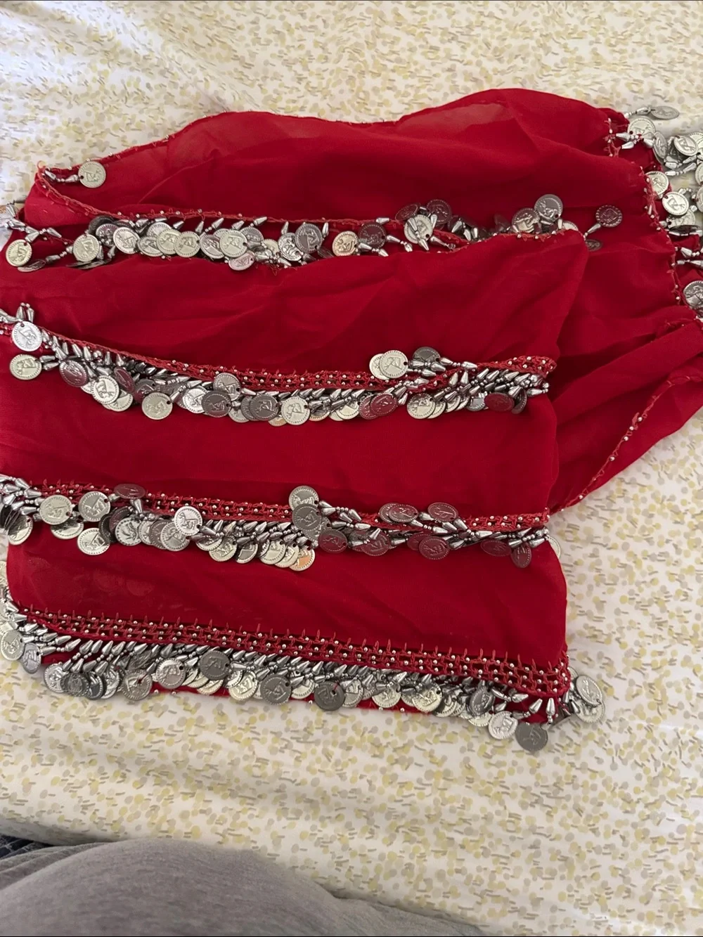 Red Belly Dance Hip Scarf with Silver Coins